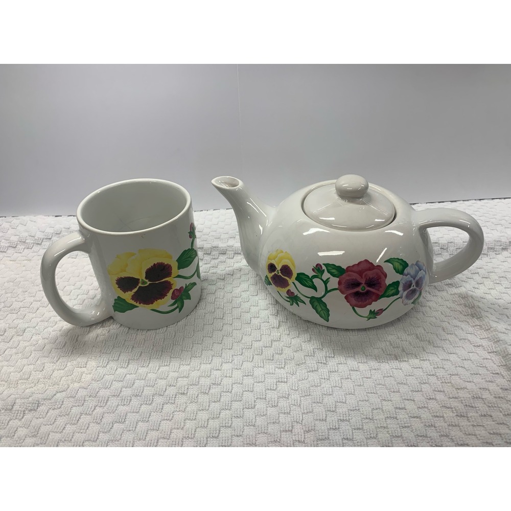 Vintage GGI Ceramic Pansy Floral Teapot and Mug Set Retro Cottagecore Fairycore